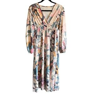Abstract Floral Print Women's Large V-Neck Maxi Dress Babydoll Fairy Whimsical